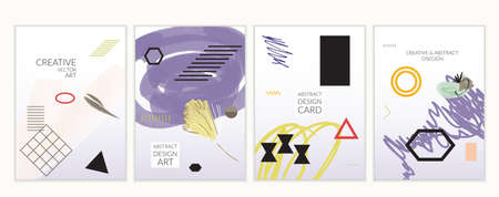 Set of artistic minimal universal card templates in Memphis style with abstract hand drawn doodles. Design for poster, card, invitation. Roughly drawn bright trendy textures. Vector isolatedのイラスト素材