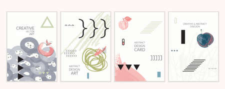 Set of artistic minimal universal card templates in Memphis style with abstract hand drawn doodles. Design for poster, card, invitation. Roughly drawn bright trendy textures. Vector isolatedのイラスト素材