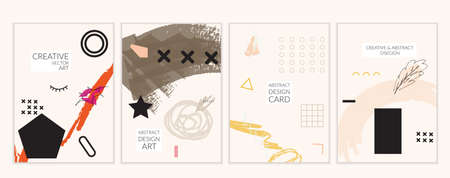 Set of artistic minimal universal card templates in Memphis style with abstract hand drawn doodles. Design for poster, card, invitation. Roughly drawn bright trendy textures. Vector isolatedのイラスト素材