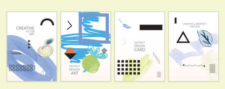 Set of artistic minimal universal card templates in Memphis style with abstract hand drawn doodles. Design for poster, card, invitation. Roughly drawn bright trendy textures. Vector isolatedのイラスト素材