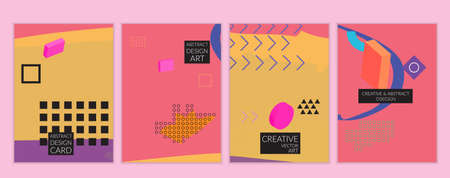 Set of artistic minimal universal card templates in Memphis style with abstract hand drawn doodles. Design for poster, card, invitation. Roughly drawn bright trendy textures. Vector isolatedのイラスト素材