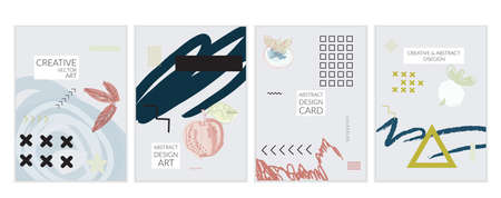 Set of artistic minimal universal card templates in Memphis style with abstract hand drawn doodles. Design for poster, card, invitation. Roughly drawn bright trendy textures. Vector isolatedのイラスト素材