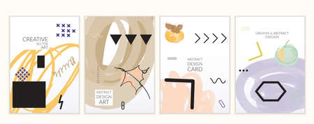 Set of artistic minimal universal card templates in Memphis style with abstract hand drawn doodles. Design for poster, card, invitation. Roughly drawn bright trendy textures. Vector isolatedのイラスト素材