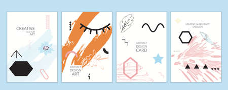 Set of artistic minimal universal card templates in Memphis style with abstract hand drawn doodles. Design for poster, card, invitation. Roughly drawn bright trendy textures. Vector isolatedのイラスト素材