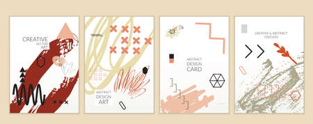 Set of artistic minimal universal card templates in Memphis style with abstract hand drawn doodles. Design for poster, card, invitation. Roughly drawn bright trendy textures. Vector isolatedのイラスト素材