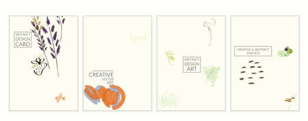 Set of artistic minimal universal card templates with abstract hand drawn doodles. Design for poster, card, invitation. Roughly drawn bright trendy textures. Minimal simple design.Vector isolatedのイラスト素材