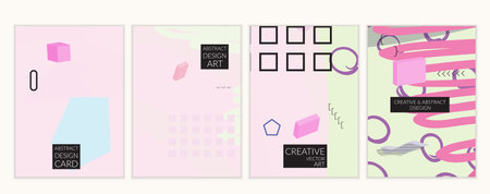 Set of artistic minimal universal card templates in Memphis style with abstract hand drawn doodles....