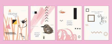 Set of artistic minimal universal card templates in Memphis style with abstract hand drawn doodles. Design for poster, card, invitation. Roughly drawn bright trendy textures. Vector isolatedのイラスト素材