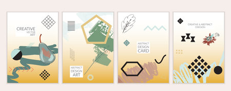 Set of artistic minimal universal card templates in Memphis style with abstract hand drawn doodles....