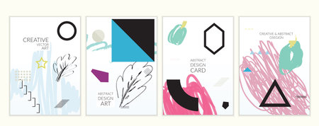Set of artistic minimal universal card templates in Memphis style with abstract hand drawn doodles....