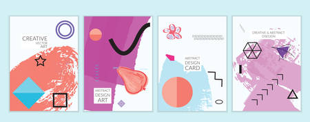 Set of artistic minimal universal card templates in Memphis style with abstract hand drawn doodles. Design for poster, card, invitation. Roughly drawn bright trendy textures. Vector isolatedのイラスト素材