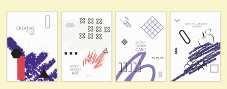 Set of artistic minimal universal card templates in Memphis style with abstract hand drawn doodles....