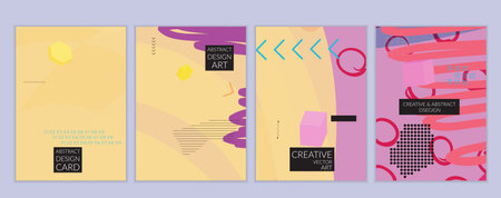 Set of artistic minimal universal card templates in Memphis style with abstract hand drawn doodles....