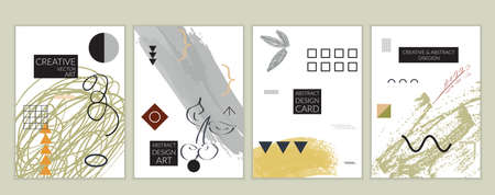 Set of artistic minimal universal card templates in Memphis style with abstract hand drawn doodles. Design for poster, card, invitation. Roughly drawn bright trendy textures. Vector isolatedのイラスト素材