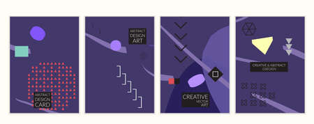 Set of artistic minimal universal card templates in Memphis style with abstract hand drawn doodles. Design for poster, card, invitation. Roughly drawn bright trendy textures. Vector isolatedのイラスト素材