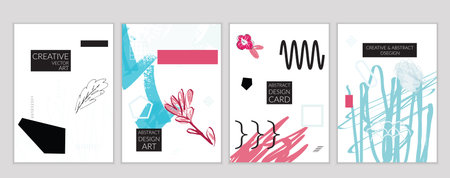 Set of artistic minimal universal card templates in Memphis style with abstract hand drawn doodles....