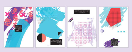Set of artistic minimal universal card templates in Memphis style with abstract hand drawn doodles....