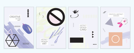 Set of artistic minimal universal card templates in Memphis style with abstract hand drawn doodles....