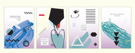 Set of artistic minimal universal card templates in Memphis style with abstract hand drawn doodles. Design for poster, card, invitation. Roughly drawn bright trendy textures. Vector isolatedのイラスト素材