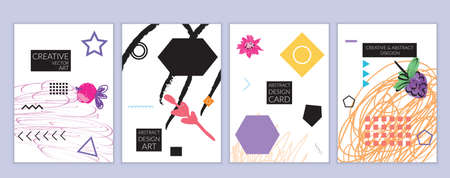 Set of artistic minimal universal card templates in Memphis style with abstract hand drawn doodles. Design for poster, card, invitation. Roughly drawn bright trendy textures. Vector isolatedのイラスト素材