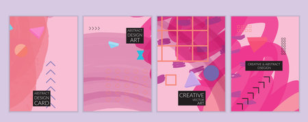 Set of artistic minimal universal card templates in Memphis style with abstract hand drawn doodles....