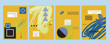 Set of artistic minimal universal card templates in Memphis style with abstract hand drawn doodles....