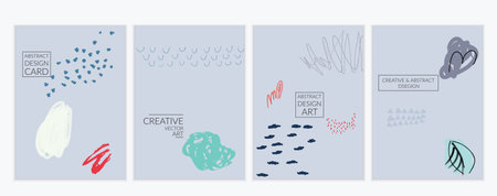 Set of artistic minimal universal card templates with abstract hand drawn doodles. Design for poster, card, invitation. Roughly drawn bright trendy textures. Minimal simple design.Vector isolatedのイラスト素材