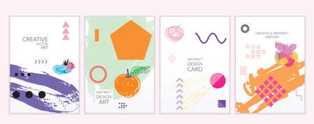 Set of artistic minimal universal card templates in Memphis style with abstract hand drawn doodles. Design for poster, card, invitation. Roughly drawn bright trendy textures. Vector isolatedのイラスト素材