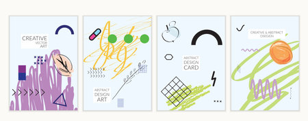 Set of artistic minimal universal card templates in Memphis style with abstract hand drawn doodles....