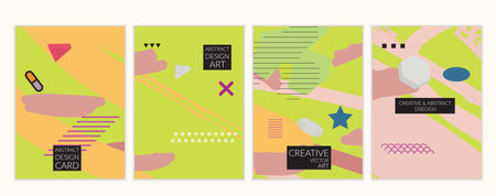 Set of artistic minimal universal card templates in Memphis style with abstract hand drawn doodles....