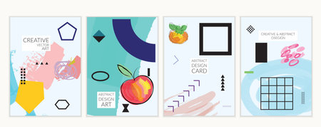 Set of artistic minimal universal card templates in Memphis style with abstract hand drawn doodles....
