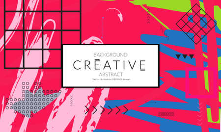 Minimal universal banner templates in Memphis style with abstract hand drawn doodles. Roughly drawn bright trendy textures. Bright neon web banner layout. Vector isolatedのイラスト素材