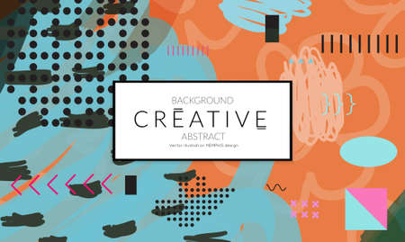 Minimal universal banner templates in Memphis style with abstract hand drawn doodles. Roughly drawn bright trendy textures. Bright neon web banner layout. Vector isolatedのイラスト素材