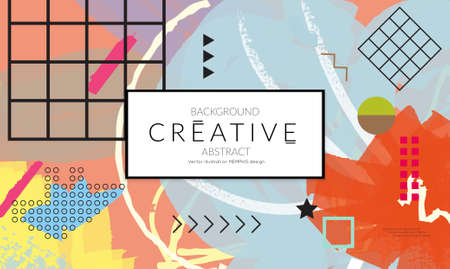 Minimal universal banner templates in Memphis style with abstract hand drawn doodles. Roughly drawn bright trendy textures. Bright neon web banner layout. Vector isolatedのイラスト素材