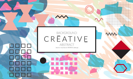 Minimal universal banner templates in Memphis style with abstract hand drawn doodles. Roughly drawn bright trendy textures. Bright neon web banner layout. Vector isolatedのイラスト素材