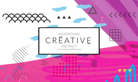 Minimal universal banner templates in Memphis style with abstract hand drawn doodles. Roughly drawn bright trendy textures. Bright neon web banner layout. Vector isolatedのイラスト素材