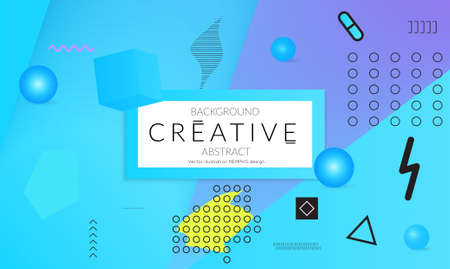 Minimal universal banner templates in Memphis style with 3D shapes. Futuristic retro 3D geometric design. Bright neon web banner layout.のイラスト素材