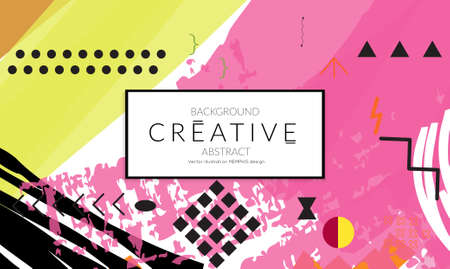 Minimal universal banner templates in Memphis style with abstract hand drawn doodles. Roughly drawn bright trendy textures. Bright neon web banner layout. Vector isolatedのイラスト素材