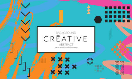 Minimal universal banner templates in Memphis style with abstract hand drawn doodles. Roughly drawn bright trendy textures. Bright neon web banner layout. Vector isolatedのイラスト素材