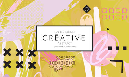 Minimal universal banner templates in Memphis style with abstract hand drawn doodles. Roughly drawn bright trendy textures. Bright neon web banner layout. Vector isolatedのイラスト素材