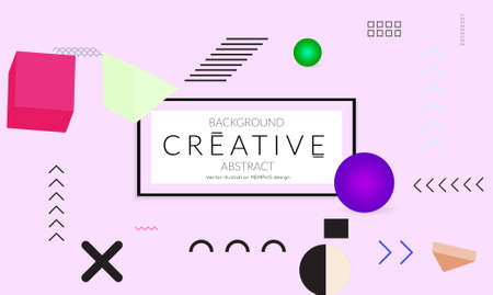 Minimal universal banner templates in Memphis style with 3D shapes. Futuristic retro 3D geometric design. Bright neon web banner layout.のイラスト素材