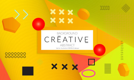 Minimal universal banner templates in Memphis style with 3D shapes. Futuristic retro 3D geometric design. Bright neon web banner layout.のイラスト素材