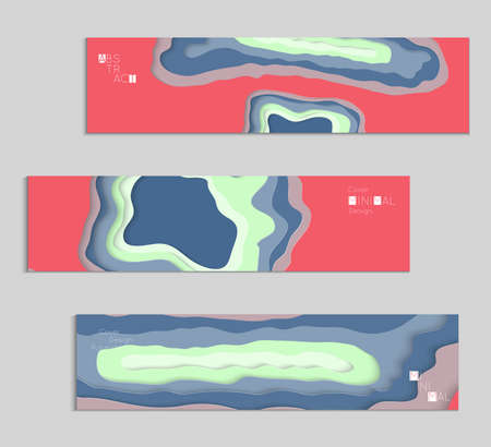 Abstract banner template with 3D paper cut art. Vector  paper cut layers create topography map concept or smooth origami paper carving craft. Wavy layered material design paper art poster.のイラスト素材