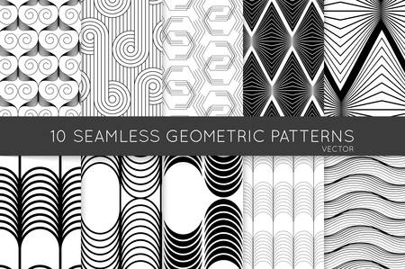 Collection of black and white seamless patterns. Simple monochrome geometric texture. Abstract design elements in set.のイラスト素材