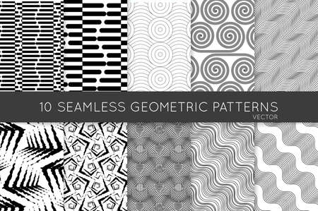 Collection of black and white seamless patterns. Simple monochrome geometric texture. Abstract design elements in set.のイラスト素材