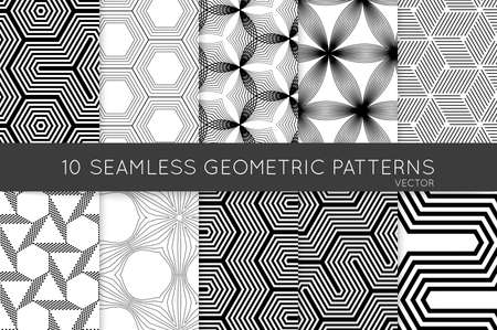 Collection of black and white seamless patterns. Simple monochrome geometric texture. Abstract design elements in set.のイラスト素材
