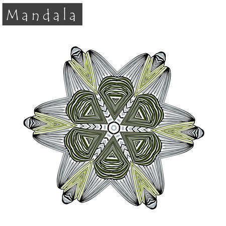 Geometrical flower mandala sign. Abstract geometric shape roughly hand drawn. Striped symmetrical geometrical symbol. Vector mandala icon isolated on white. Tribal ethnic pattern design element.のイラスト素材
