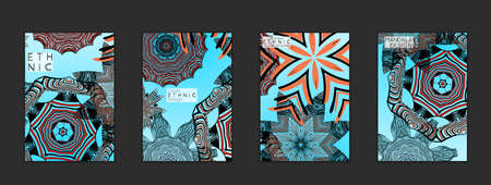 Ethnic banners template with floral mandala ornament. Henna tattoo style. Collection of creative universal artistic vector cards. Lace pattern with roughly hand drawn striped colorful mandala.のイラスト素材