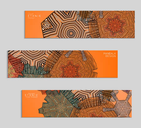 Ethnic banners template with floral Mandala ornament. Henna tattoo style. Collection of creative universal artistic vector cards. Lace pattern with roughly hand drawn striped colorful Mandala.のイラスト素材