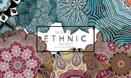 Ethnic banners template with floral Mandala ornament. Henna tattoo style. Collection of creative universal artistic vector cards. Lace pattern with roughly hand drawn striped colorful Mandala.のイラスト素材